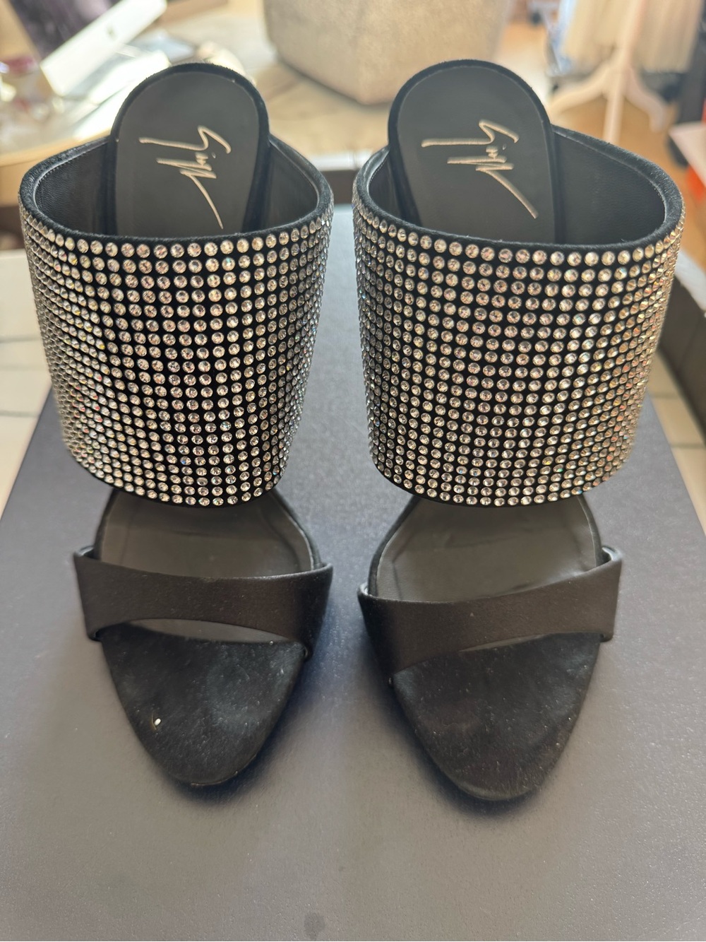 Giuseppe Zanotti Black Crystal Wide-Band Slide Mules